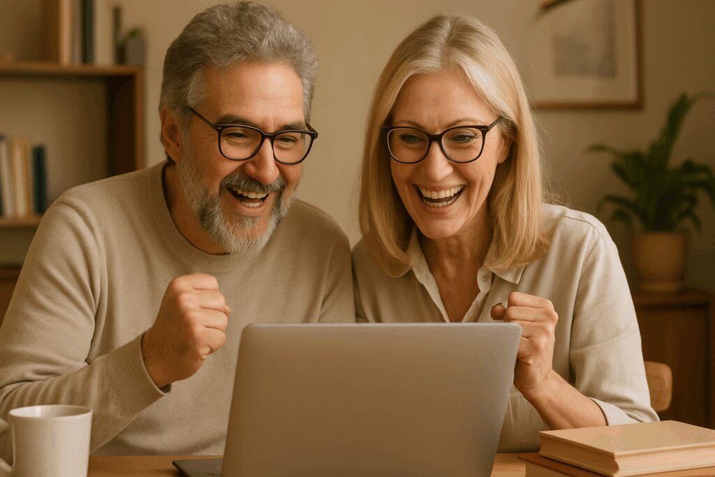 Casal acima de 50 anos, sorridente, utilizando notebook em ambiente doméstico para ganhar dinheiro online, simbolizando independência financeira e novas oportunidades após os 50.