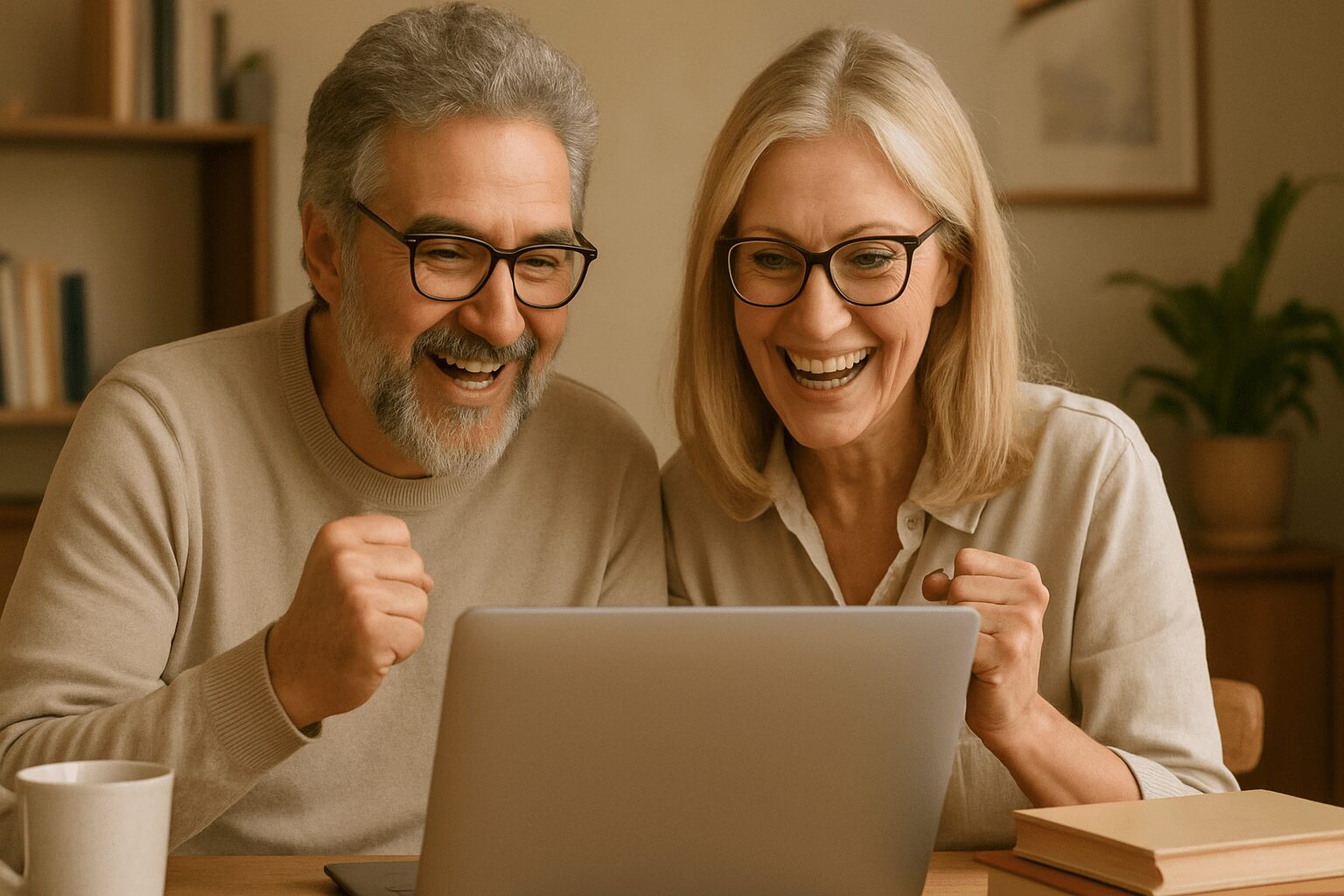 Casal acima de 50 anos, sorridente, utilizando notebook em ambiente doméstico para ganhar dinheiro online, simbolizando independência financeira e novas oportunidades após os 50.