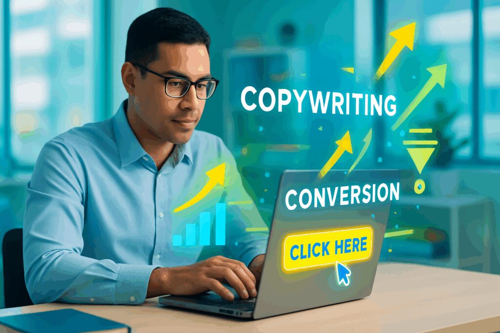 Pessoa digitando em laptop, rodeada por gráficos e ícones digitais, simbolizando técnicas de copywriting para aumentar conversões em artigos.