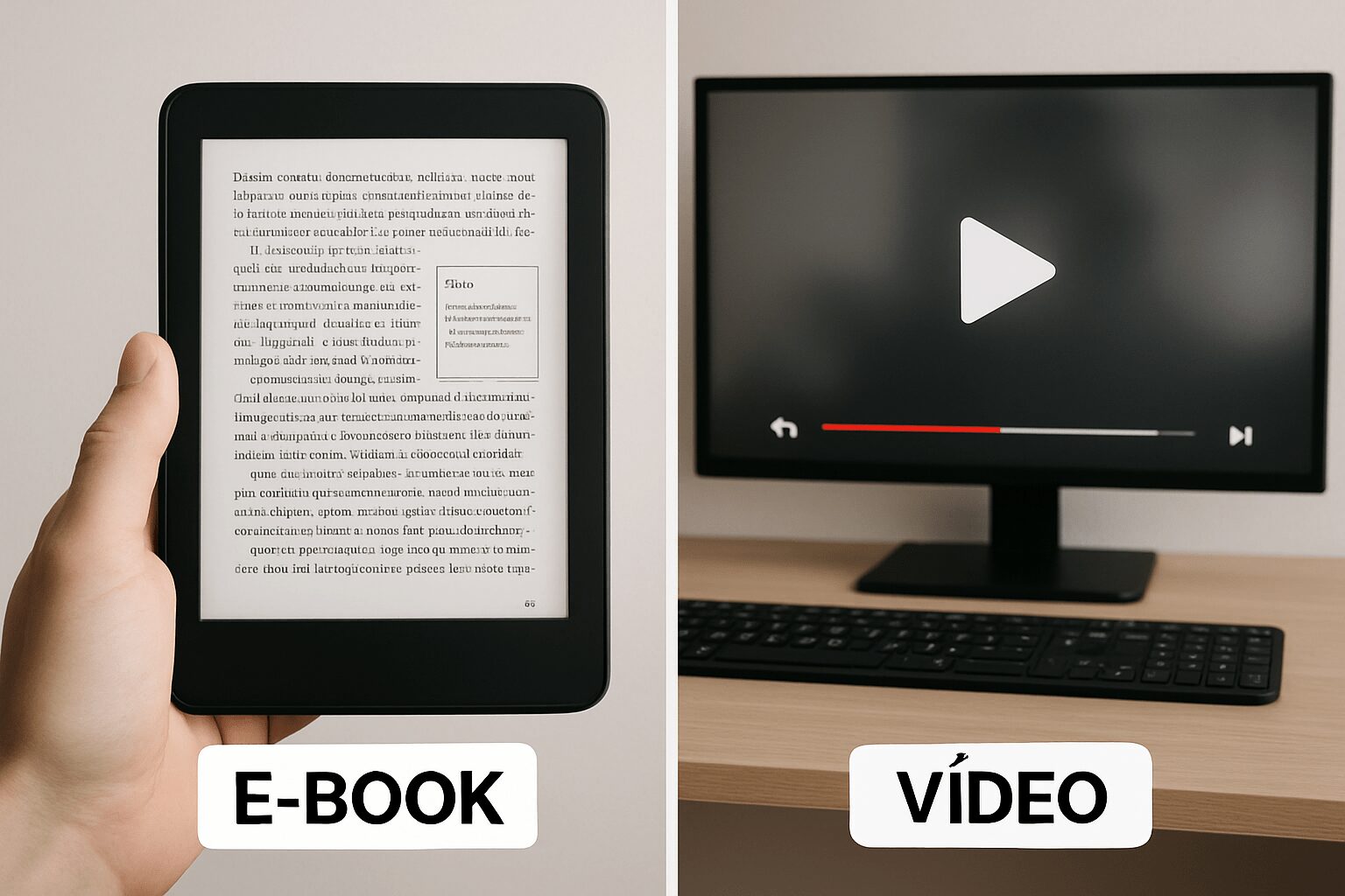 Comparação visual de um e-book organizado em tablet e um curso em vídeo em computador, destacando a facilidade de acesso à informação no e-book