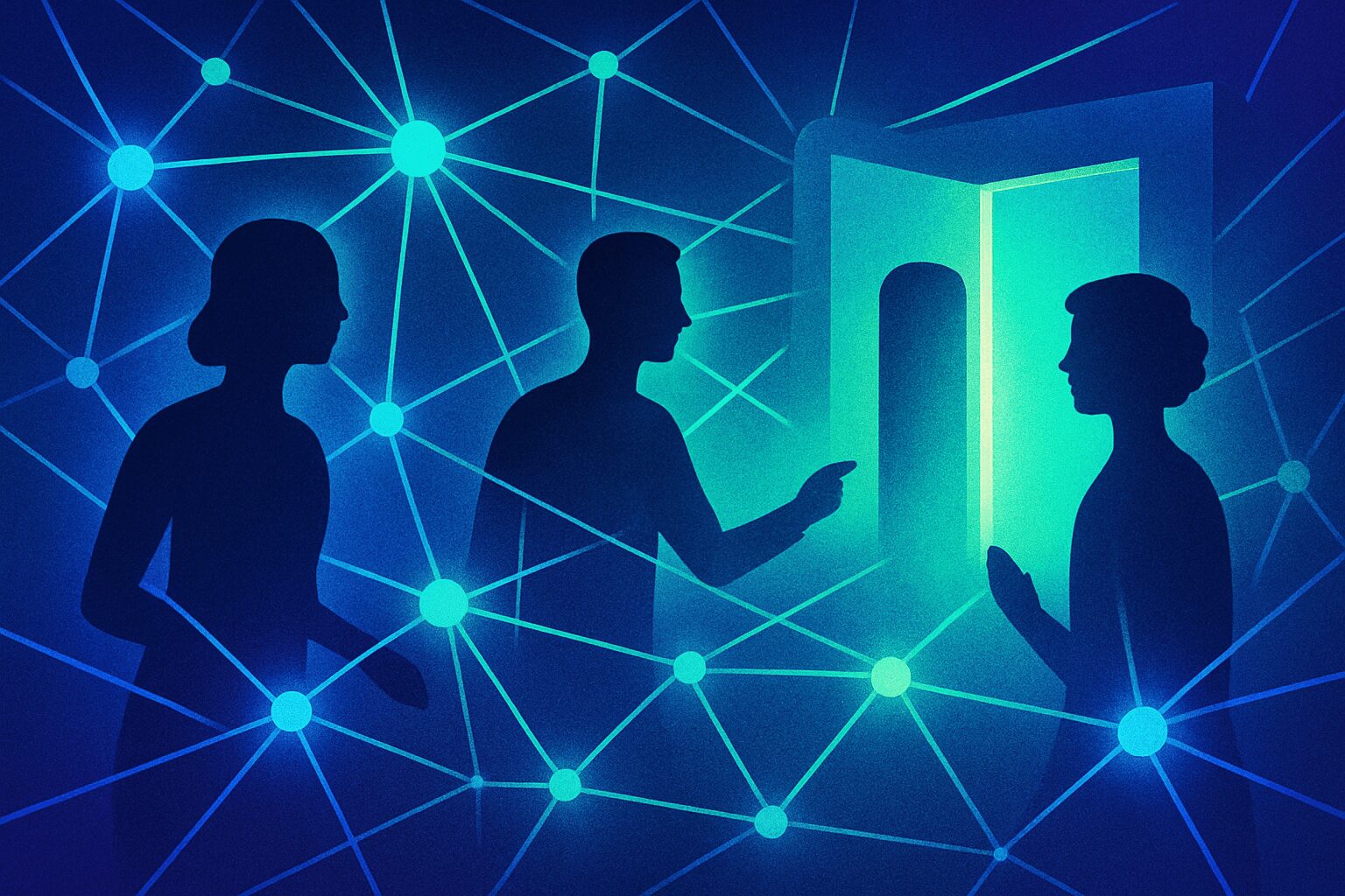 Pessoas conectadas em rede digital, acessando portal luminoso de oportunidades únicas em lançamentos e pré-lançamentos de produtos ocultos