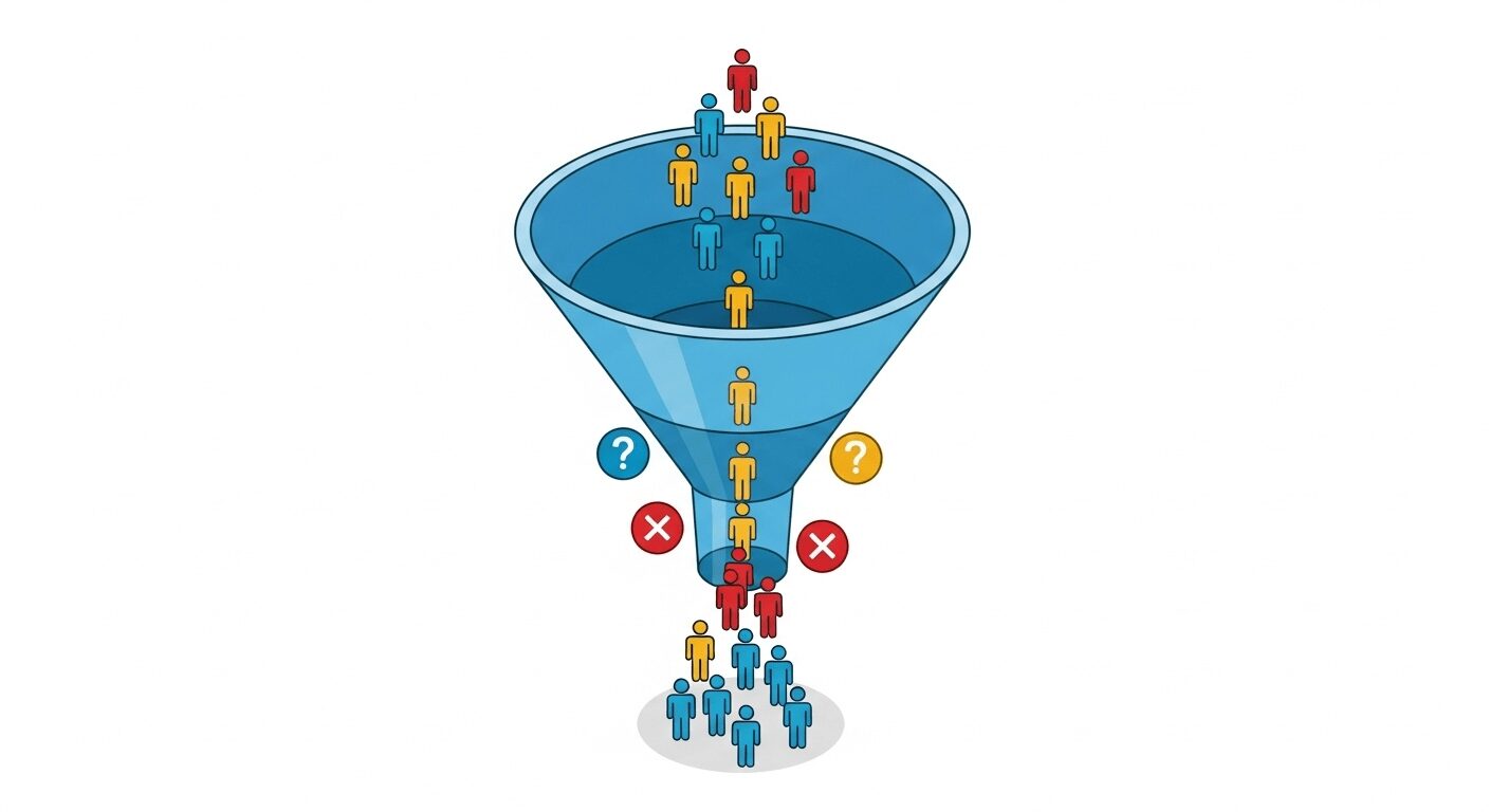 Ilustração do funil de vendas de e-commerce mostrando o comportamento do usuário e pontos de abandono, essencial para a análise de dados