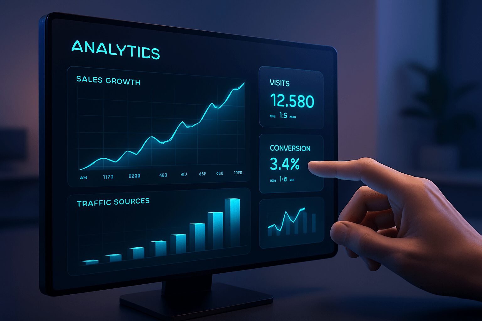 Dashboard de análises de SEO e vendas com gráficos de crescimento, mostrando o monitoramento de resultados para produtos digitais e otimização de estratégias