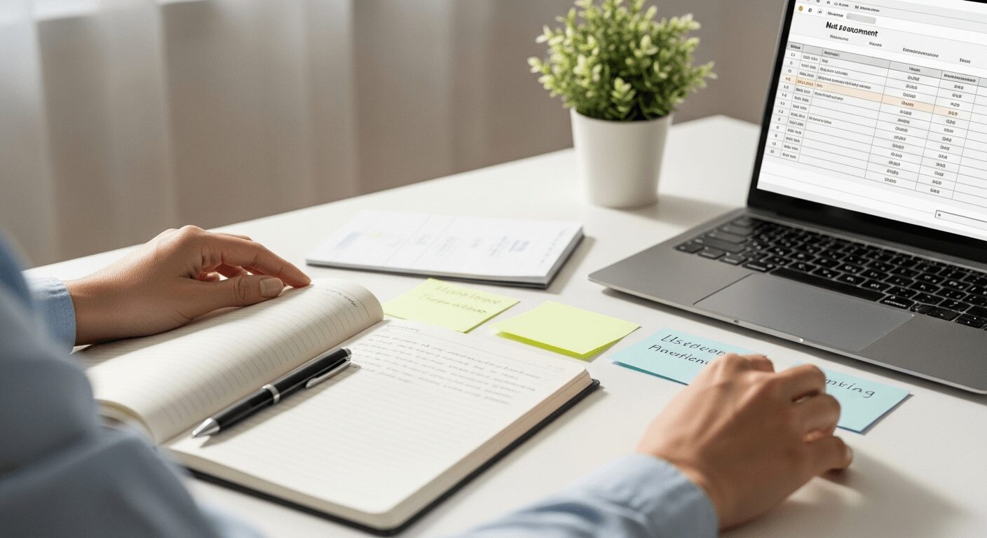 Mãos organizando documentos e notas em uma mesa, com laptop exibindo planilha financeira, ilustrando o primeiro passo para como sair das dívidas rapidamente, organizando as finanças pessoais