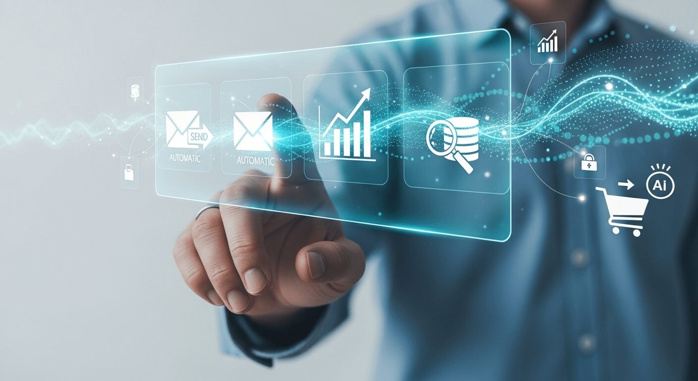 Gráfico visual representando benefícios da IA em plataformas e-commerce, com foco em automação e eficiência para iniciantes no comércio online