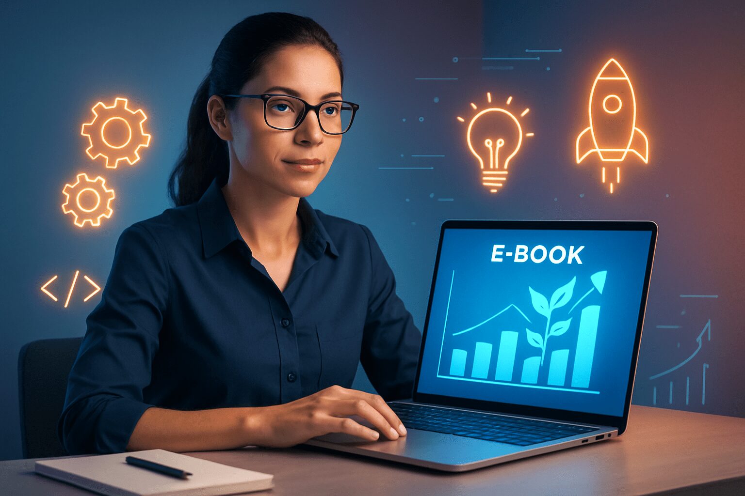 Pessoa confiante criando um e-book em seu computador, simbolizando a jornada completa de como criar um infoproduto do zero e lançar seu curso digital com sucesso