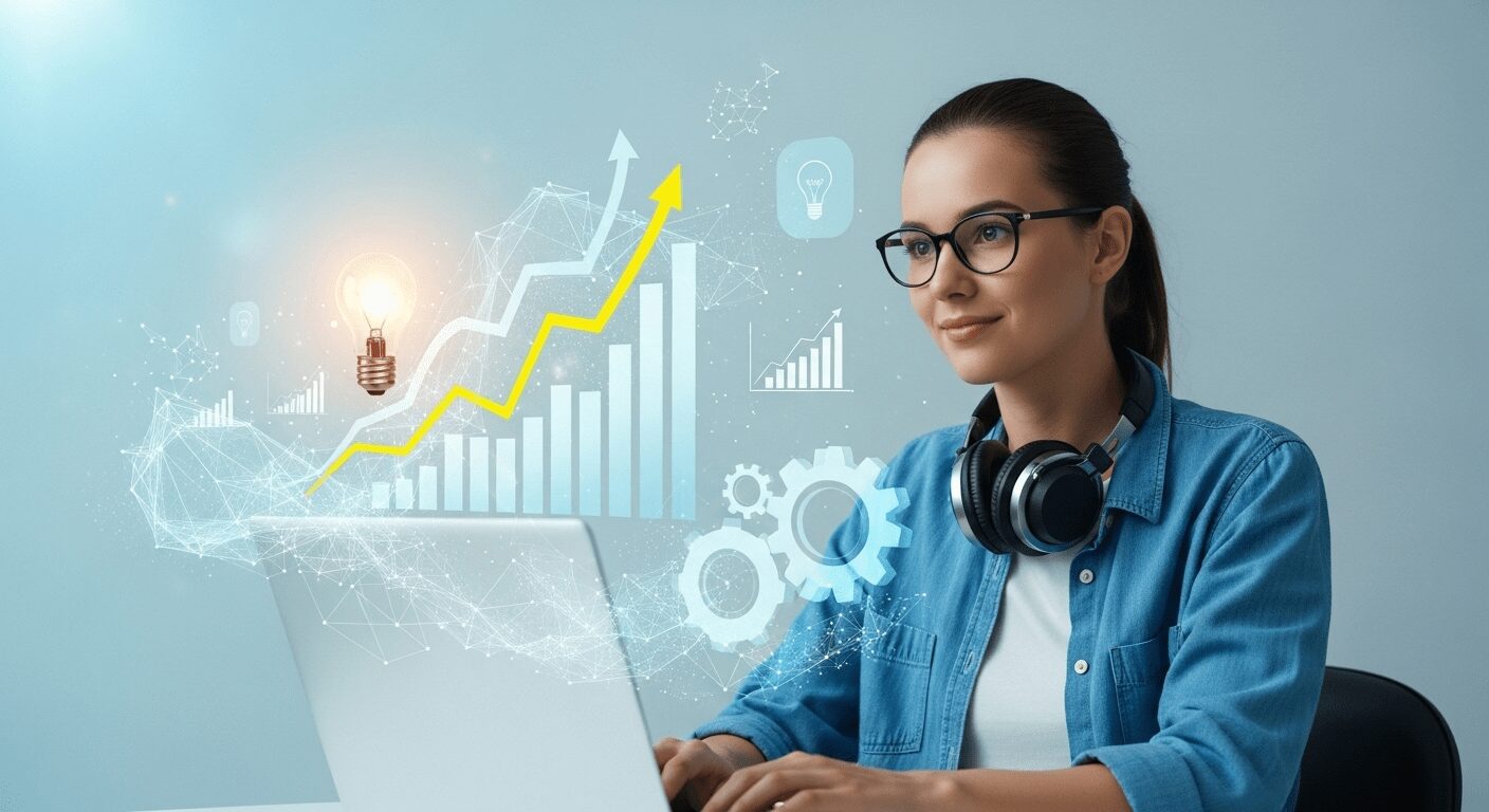 Pessoa sorrindo e trabalhando no laptop, com gráficos ascendentes e elementos digitais, simbolizando o sucesso ao criar um negócio online do zero