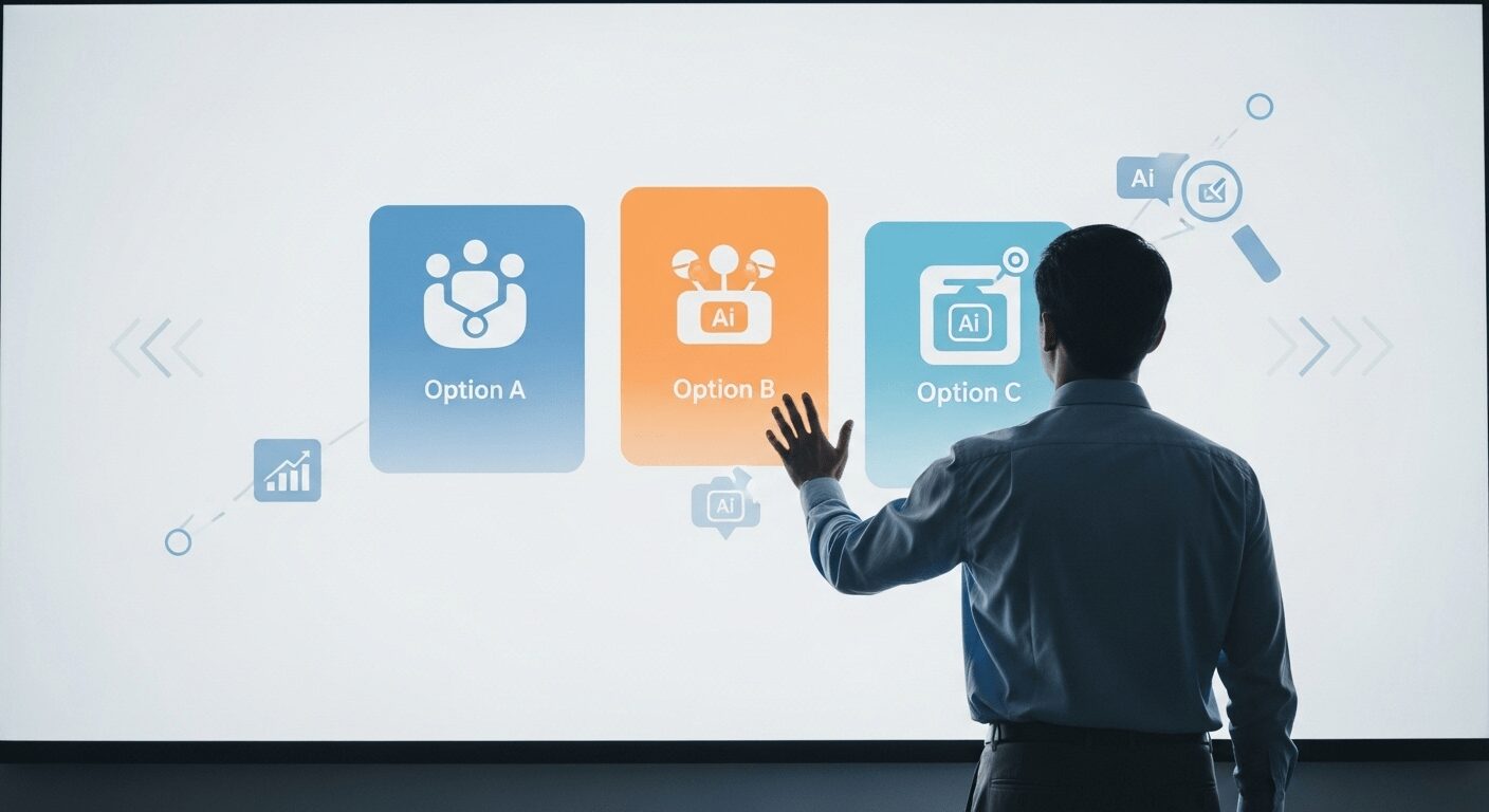 Pessoa escolhendo plataforma e-commerce com IA para iniciantes em display digital, representando o processo de decisão estratégica