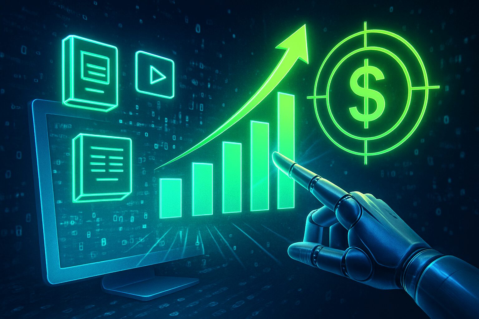Gráfico ascendente e elementos digitais simbolizando como utilizar SEO para aumentar as vendas de produtos digitais, representando crescimento e sucesso no e-commerce