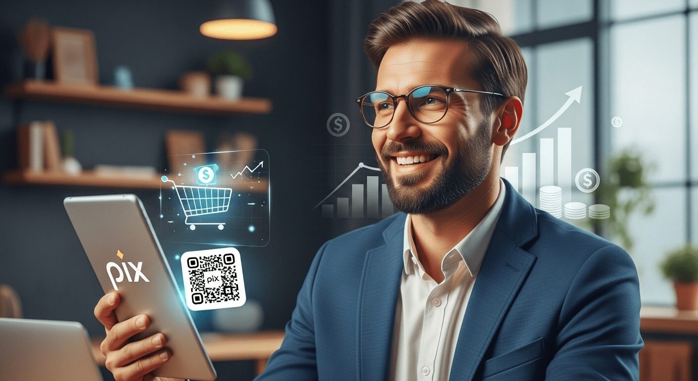Empreendedor sorridente em loja virtual com Pix, simbolizando vendas, economia e crescimento para e-commerce de baixo custo