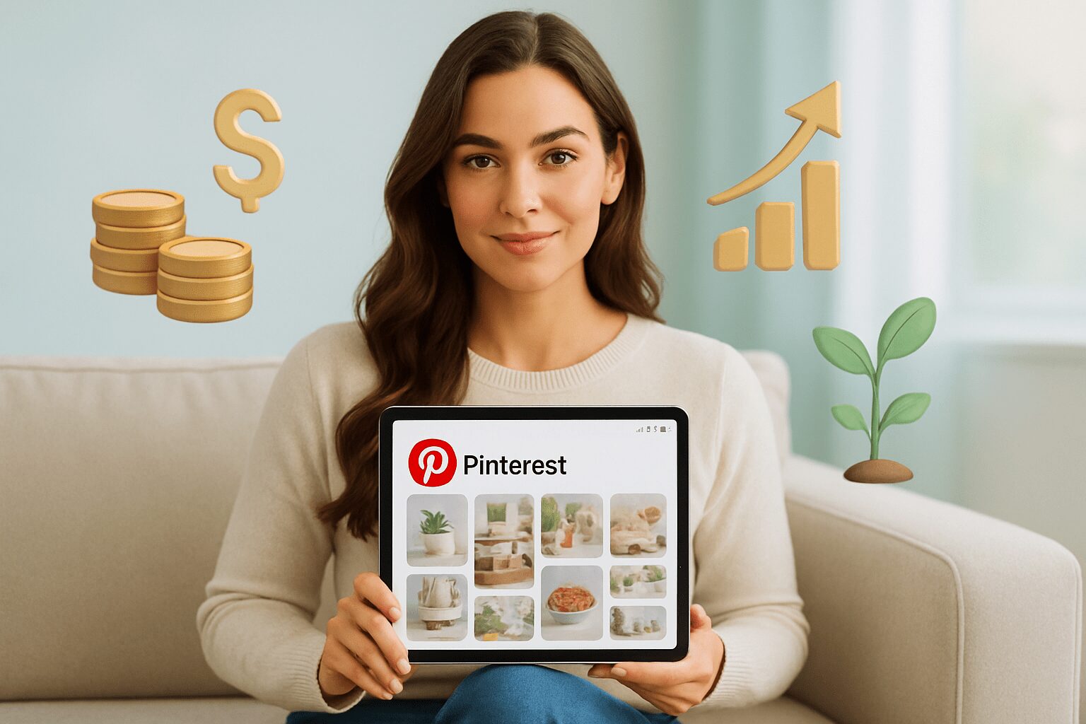 Como ganhar dinheiro com Pinterest sem investir nada passo a passo: pessoa feliz com tablet e ícones de dinheiro e crescimento, simbolizando renda extra e sucesso online para iniciantes