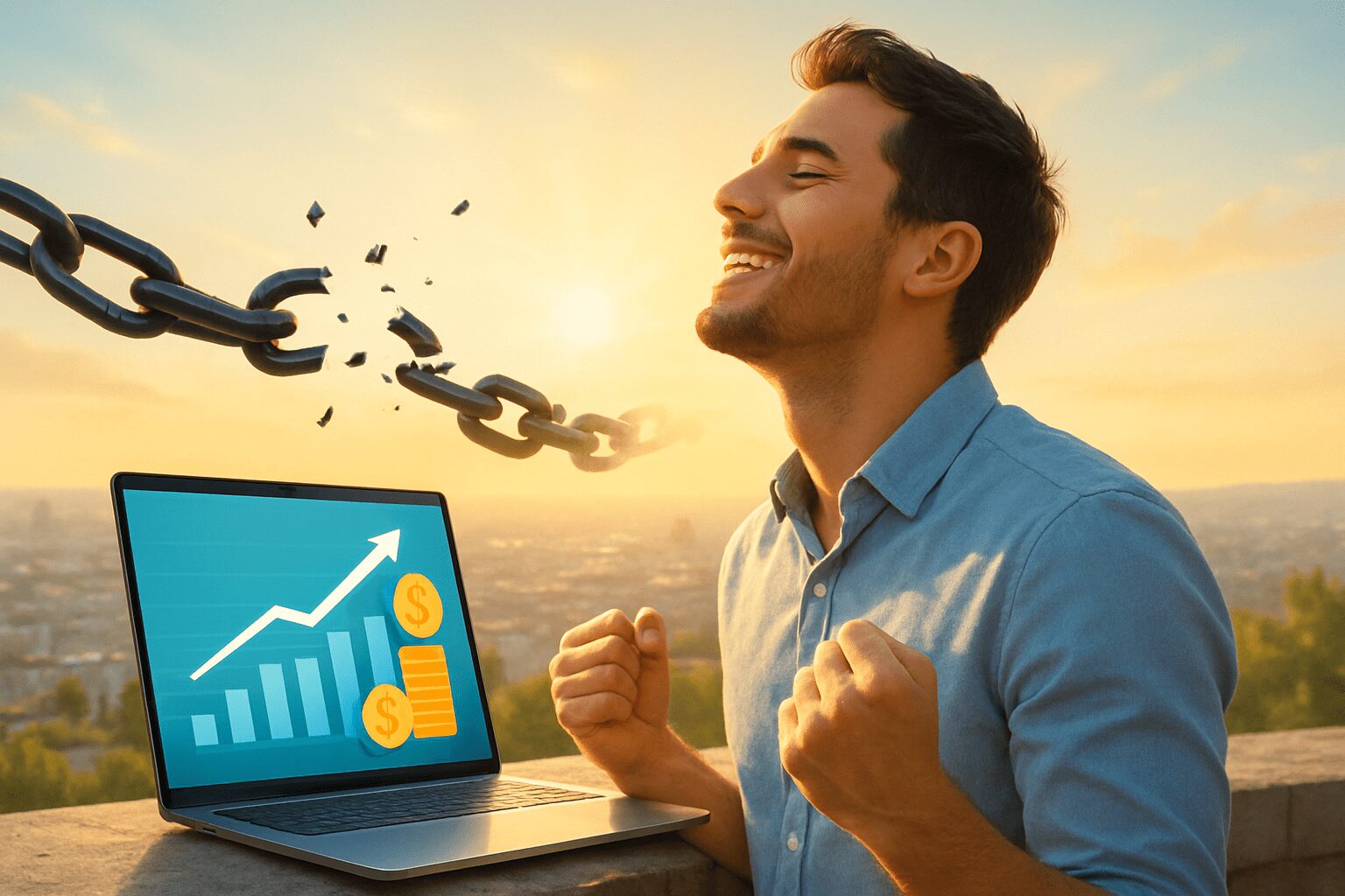 Jovem com expressão de liberdade e sucesso financeiro após aprender como sair das dívidas ganhando dinheiro na internet, simbolizando a conquista da independência