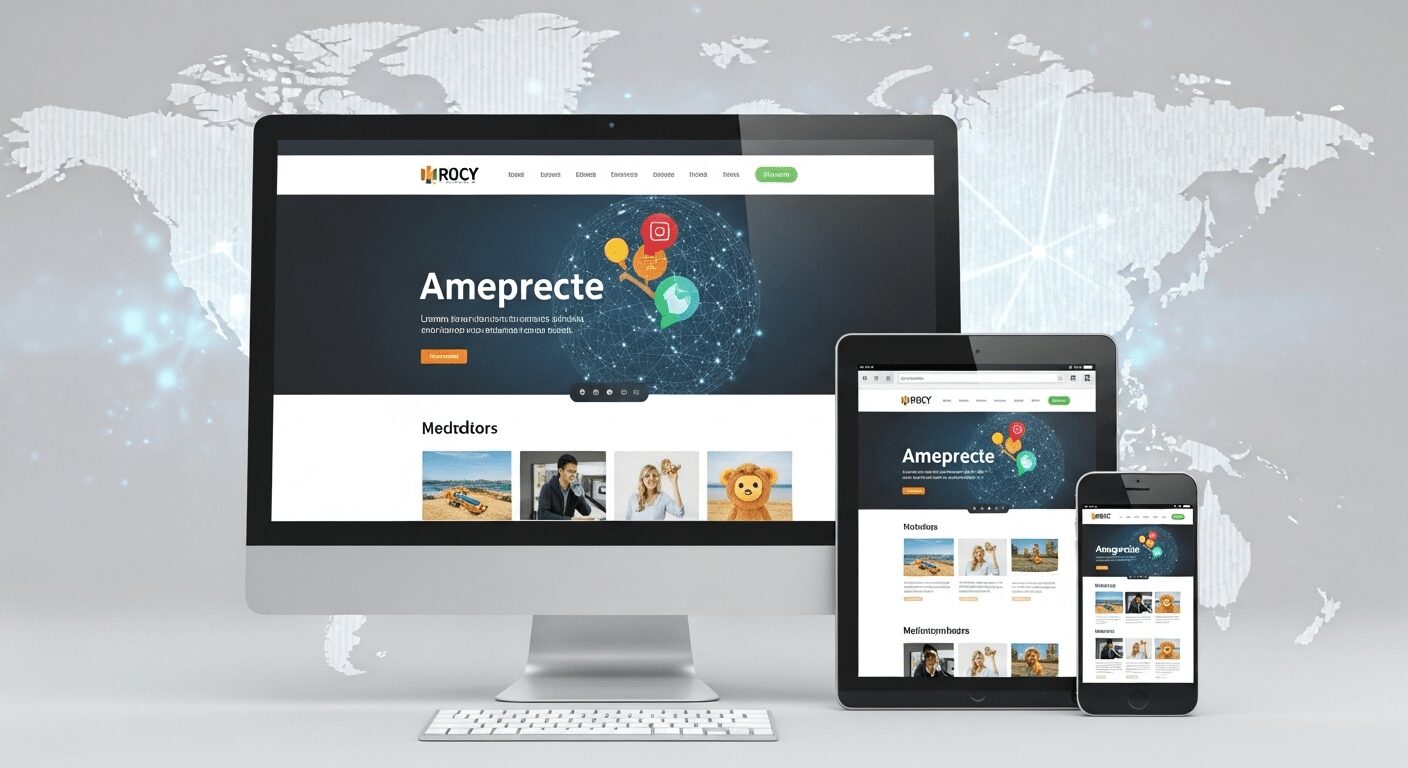 Telas de dispositivos exibindo um site moderno e responsivo, representando a construção de uma forte presença online e acessibilidade