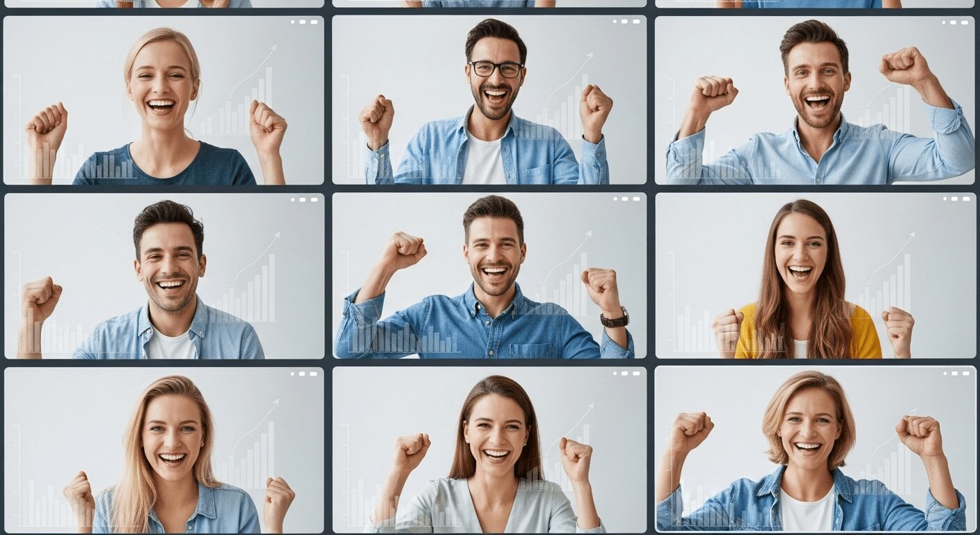 Mosaico de pessoas diversas celebrando o sucesso e mostrando resultados, prova da eficácia do curso líder em empreendedorismo digital e da fórmula do método definitivo negócio online