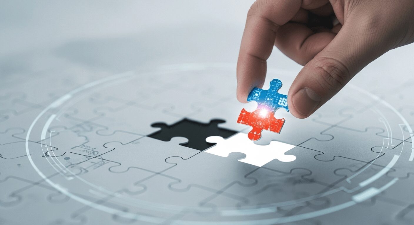 Mão encaixando peça de quebra-cabeça em mapa digital, para definir um nicho de como criar um negócio online do zero