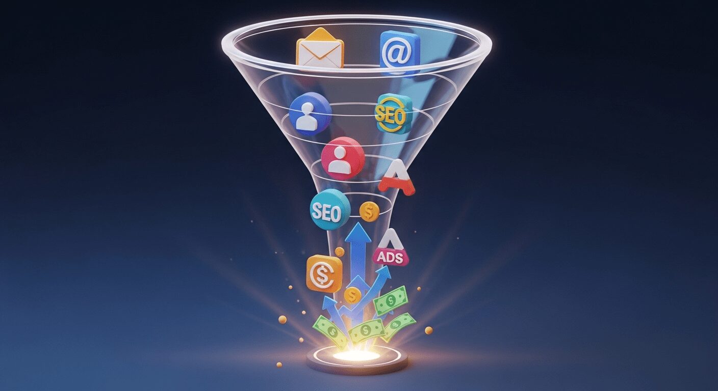 Funil de marketing digital convertendo canais em lucro, ilustrando estratégias eficazes para negócio online