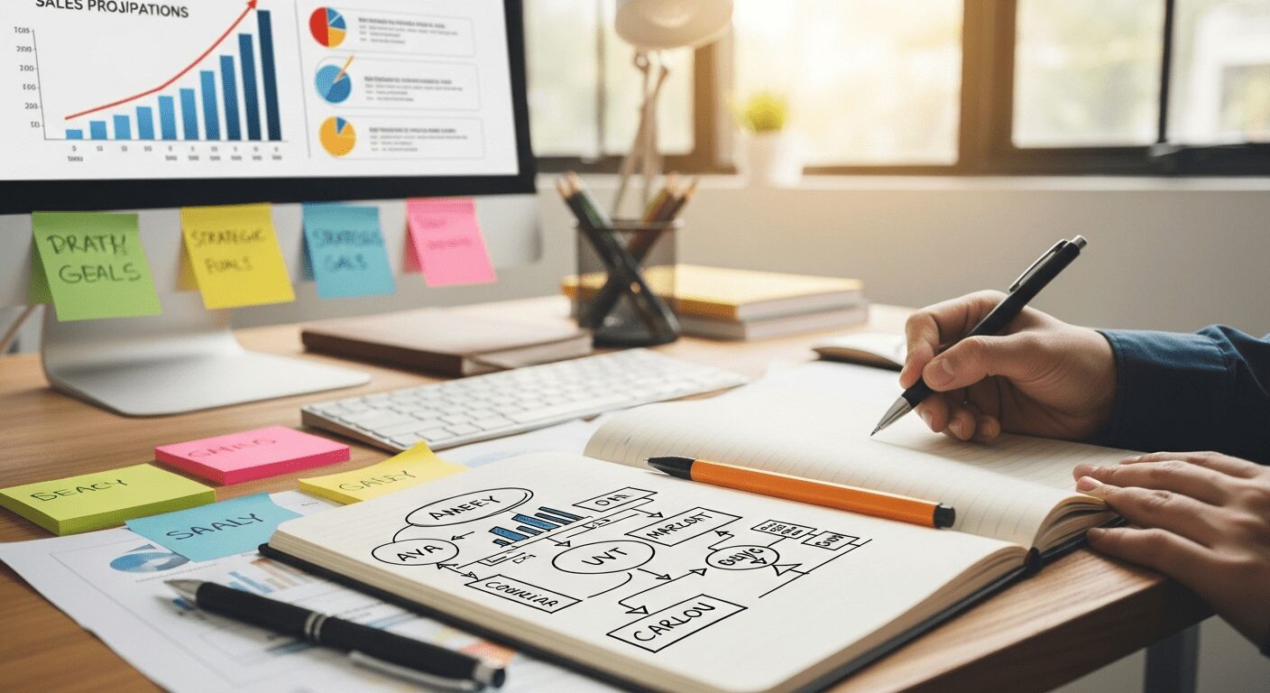 Empreendedor elaborando um plano de negócios sólido para seu empreendimento digital, focando em metas e estratégias de como criar um negócio online do zero sem dinheiro