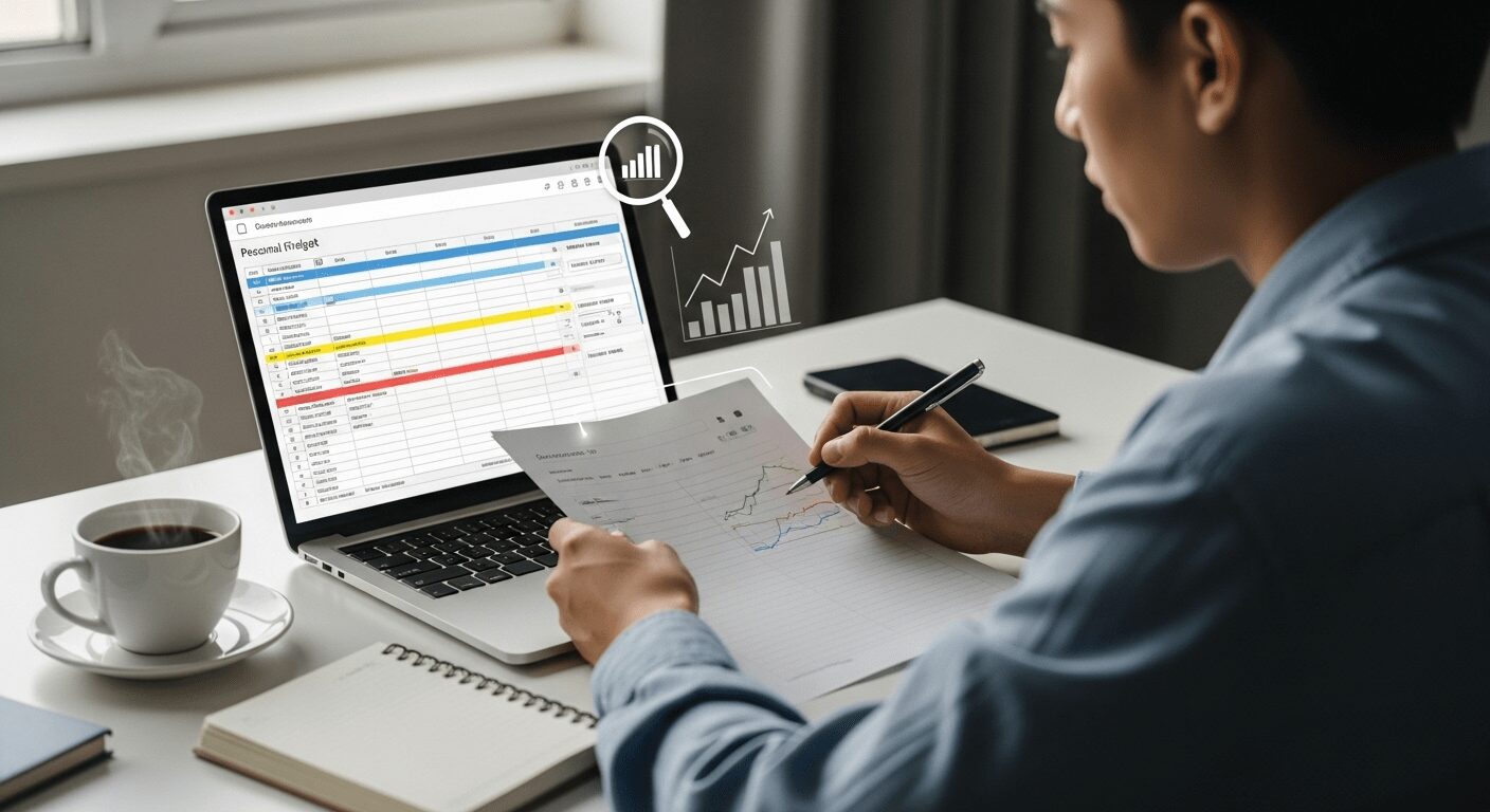 Pessoa organiza finanças pessoais em planilha, compreendendo orçamento para saber como proteger dinheiro na crise