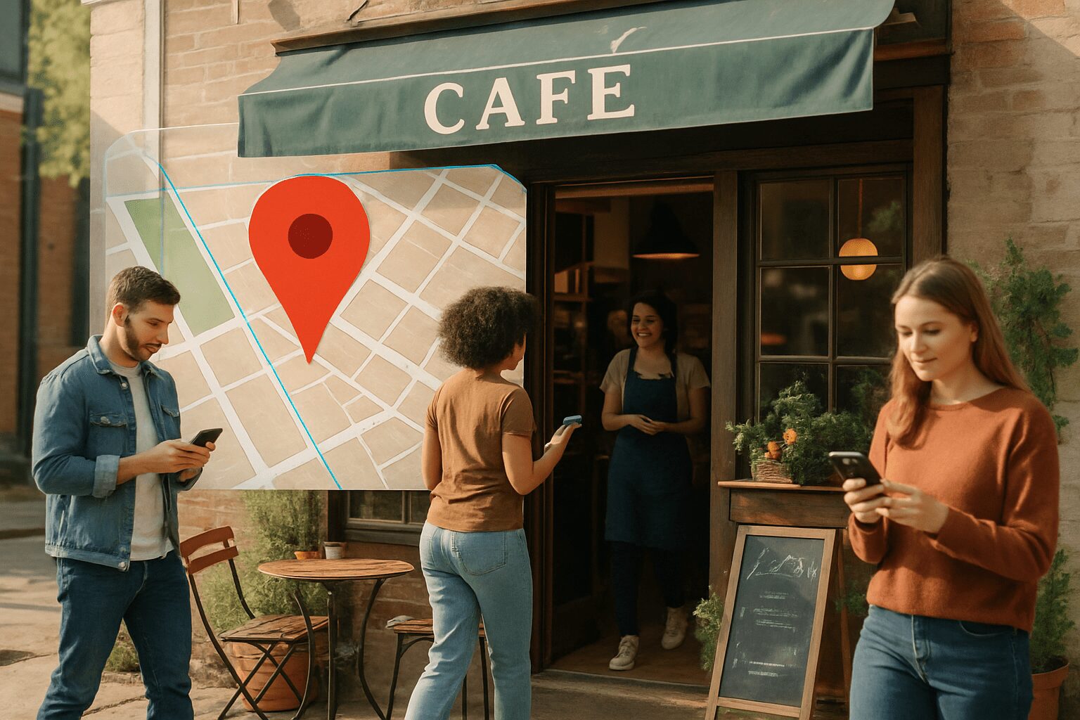 Pequena empresa local, como uma cafeteria, otimizada para SEO local em 2025, atraindo clientes por meio de pesquisas no Google Maps