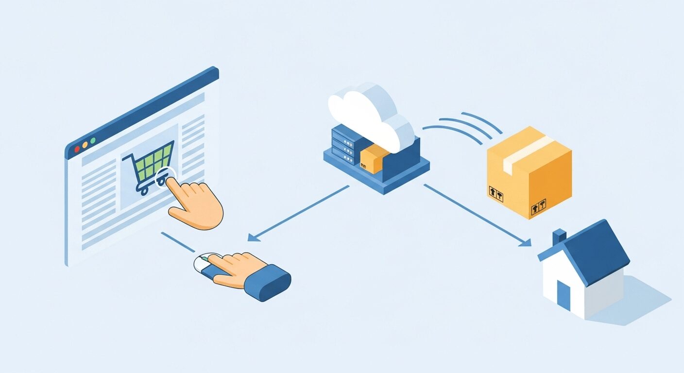 Fluxo simplificado de dropshipping online, ilustrando a venda de produtos sem estoque físico, um método eficaz para como ganhar dinheiro online sem investimento em inventário