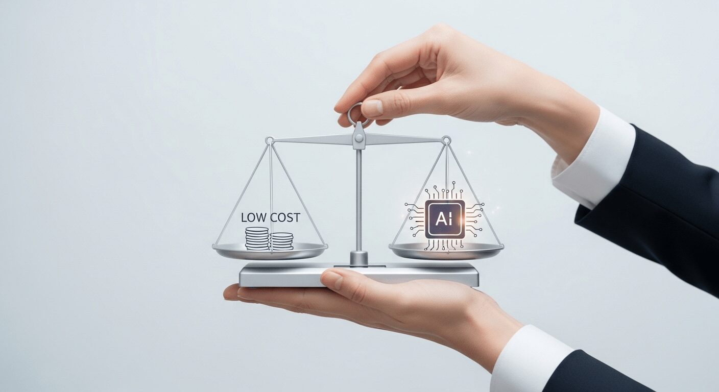 Mãos equilibrando moedas e chip de IA em balança, ilustrando o custo-benefício de plataformas e-commerce baratas com IA integrada para empreendedores