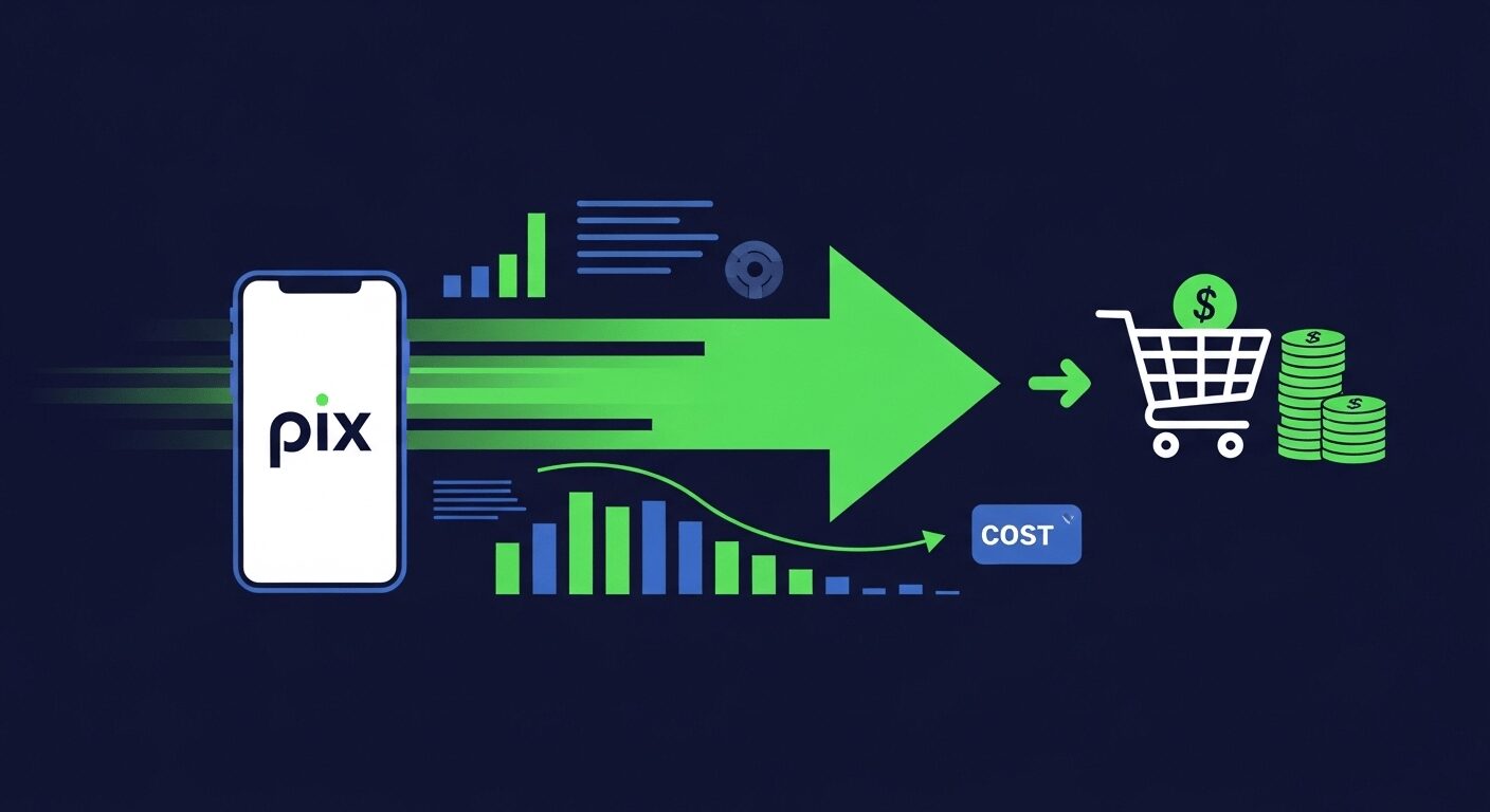Representação visual de pagamentos Pix rápidos e de baixo custo em loja virtual, otimizando o fluxo de caixa do e-commerce