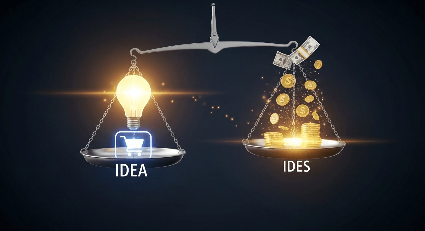 Balança equilibrando ideia e dinheiro, simbolizando monetização e vendas em como criar um negócio online do zero