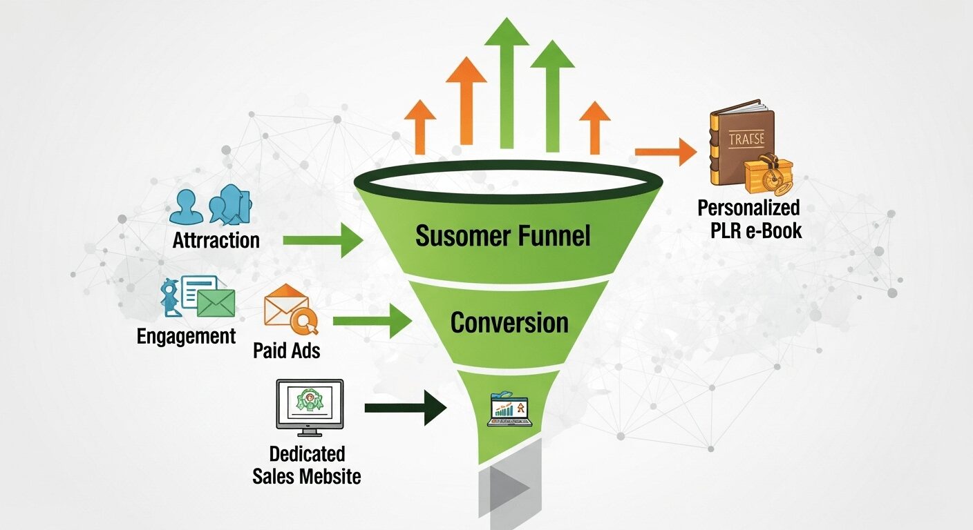 Infográfico de funil de vendas com estratégias comprovadas para vender e-books PLR e produtos digitais, garantindo conversão e lucro