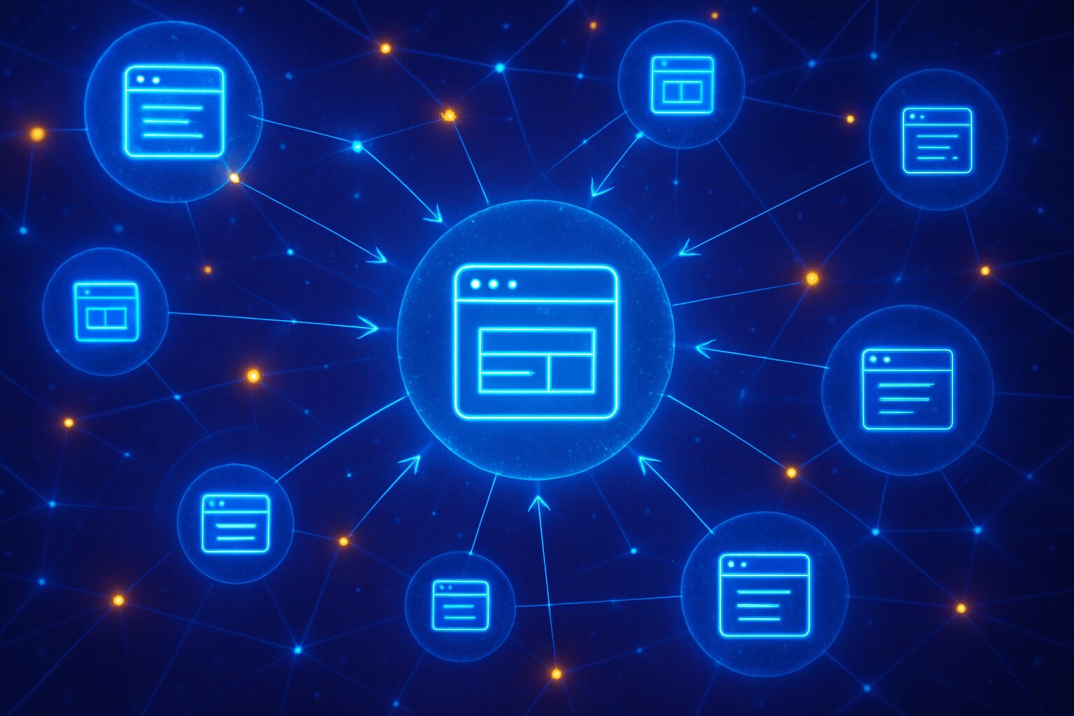 Diagrama de rede de links entre sites e plataformas, representando estratégias de link building para fortalecer o SEO e aumentar vendas de produtos digitais