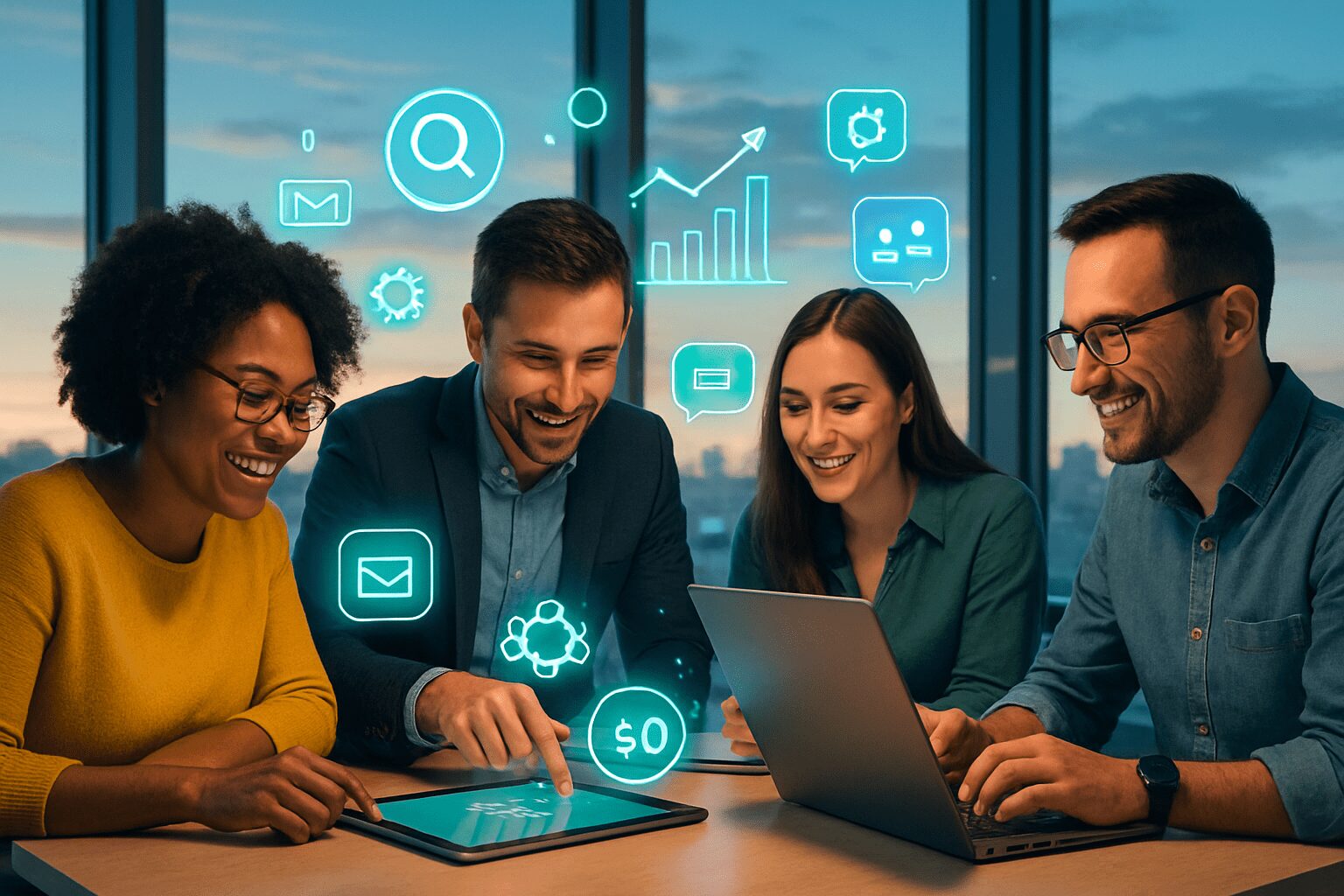 Equipe de pequena empresa planejando estratégias de marketing digital para 2025, simbolizando crescimento e sucesso online