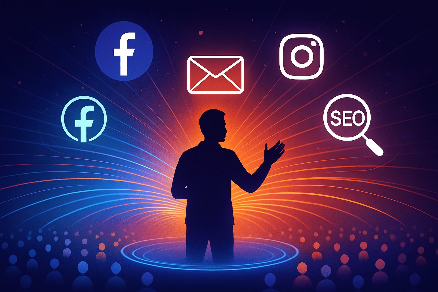 Estrategista digital promovendo o lançamento de um infoproduto, utilizando táticas de marketing digital para alcançar uma ampla audiência