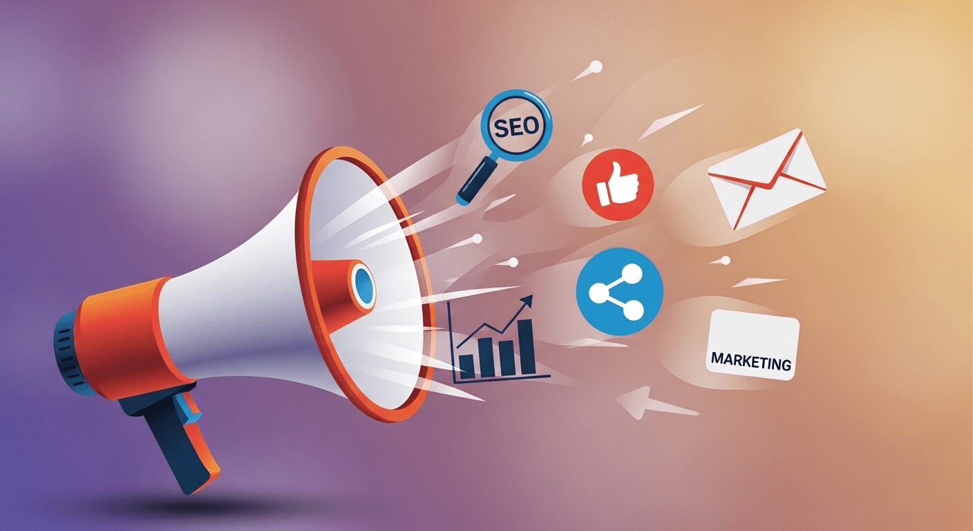 Megafone digital emitindo ícones de marketing e redes sociais, ilustrando a amplificação de estratégias para negócios online