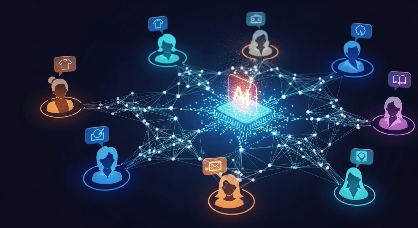 Representação visual de estratégia de marketing com IA, conectando dados e personalização para clientes em e-commerce iniciante