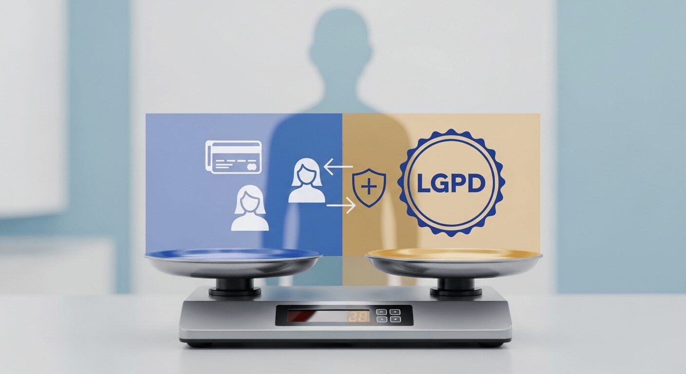 Balança digital equilibrando dados pessoais e selo LGPD, ilustrando a importância da proteção de dados do cliente em conformidade com a Lei Geral de Proteção de Dados