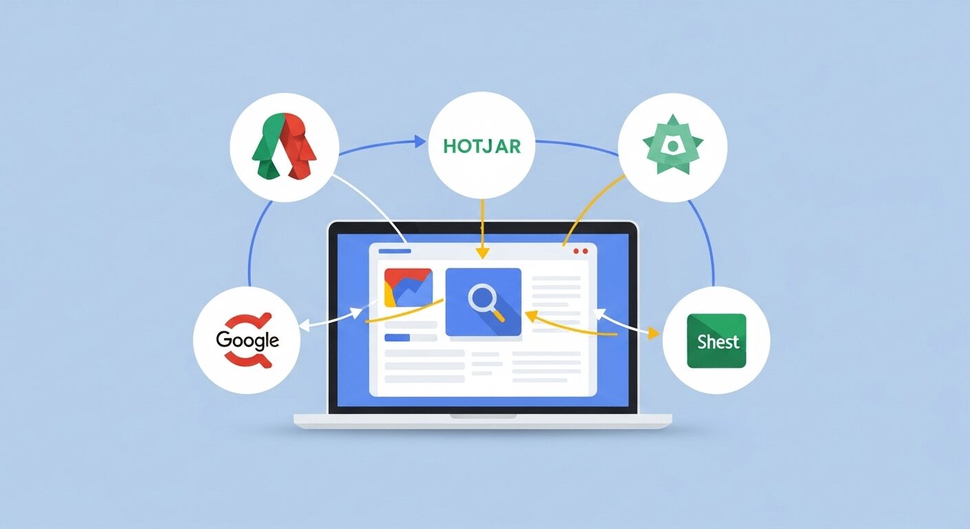 Ícones de ferramentas gratuitas como Google Analytics, Hotjar e Google Search Console, representando a coleta e análise de dados para e-commerce