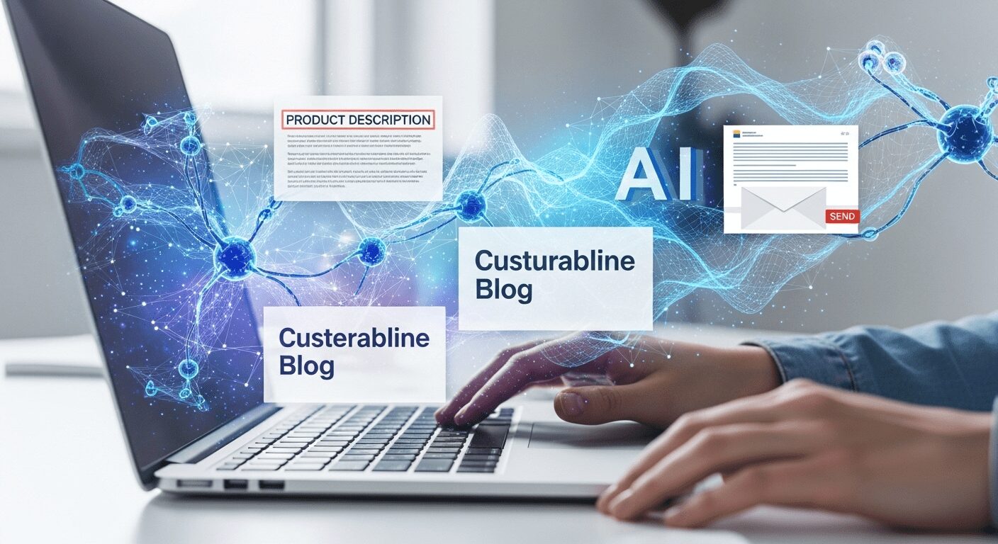 Criação de conteúdo otimizada com ferramentas de IA gratuitas para marketing de e-commerce iniciante, gerando descrições, blogs e e-mails de forma rápida e inteligente