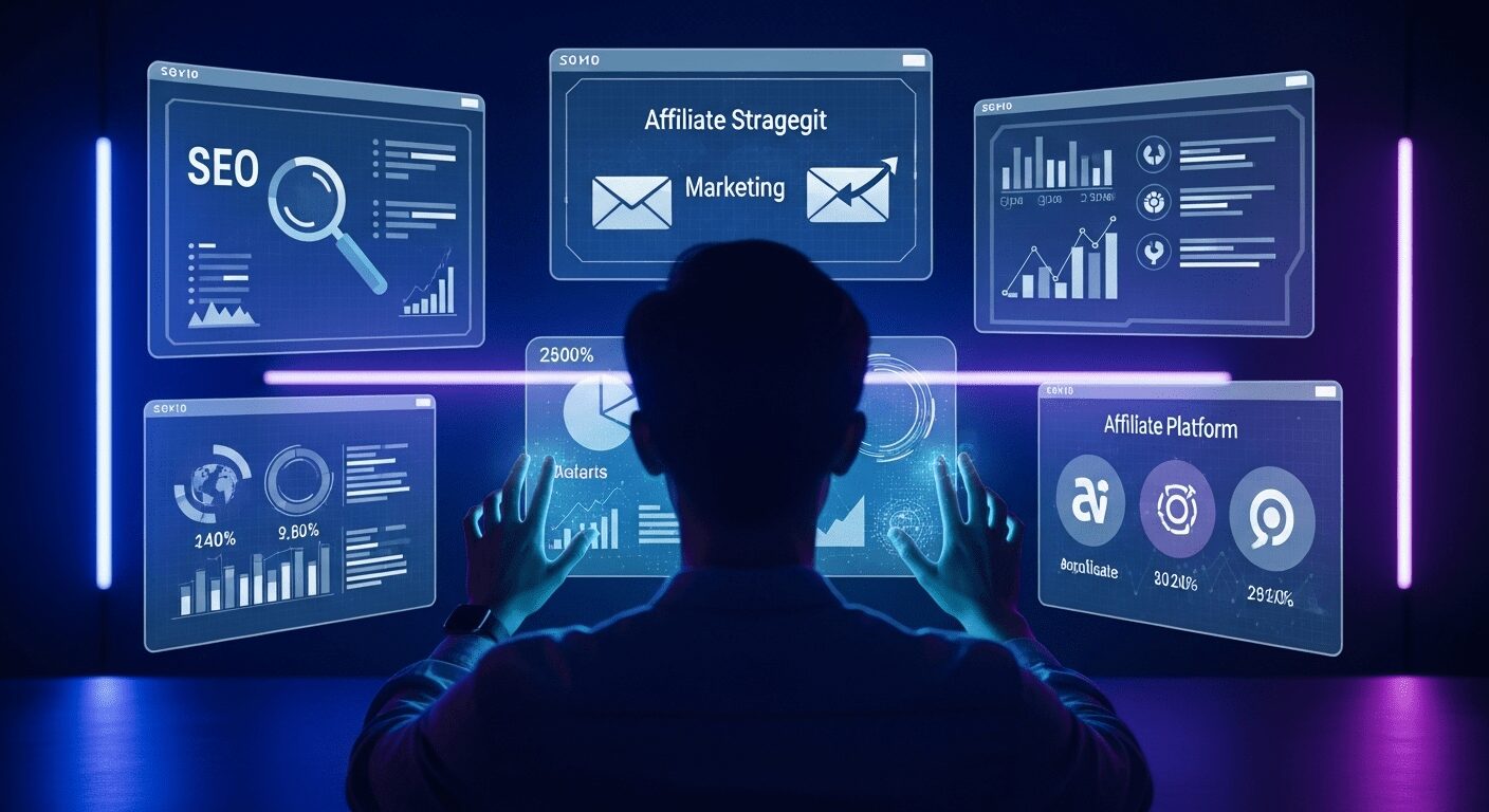Afiliado profissional utilizando ferramentas digitais avançadas para análise, SEO e automação, maximizando estratégias no marketing de afiliados