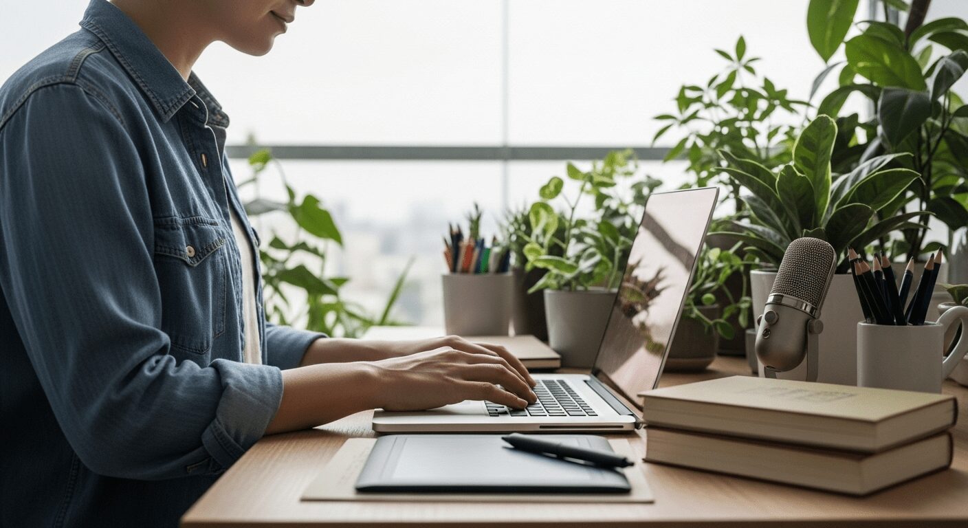 Freelancer trabalhando em laptop em ambiente flexível, ilustrando a liberdade e a utilização de habilidades para como ganhar dinheiro online sem investimento, oferecendo serviços digitais