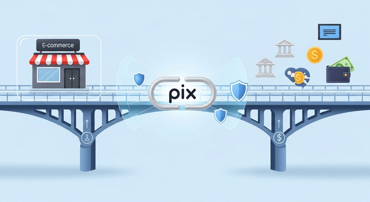 Gateway de pagamento seguro conectando loja virtual ao Pix, facilitando transações financeiras e garantindo proteção de dados