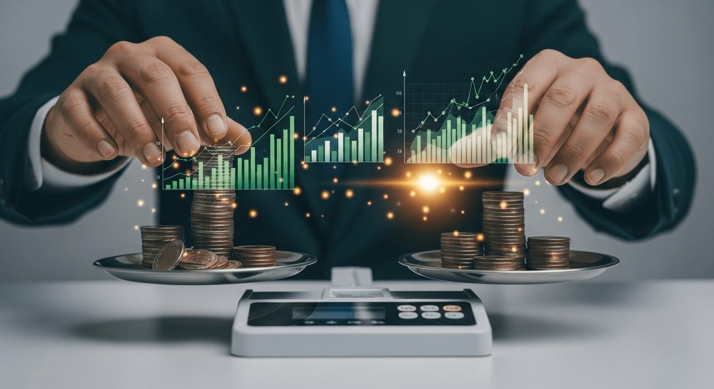 Mãos equilibrando finanças com gráficos e moedas, representando a gestão financeira eficaz para o seu negócio online