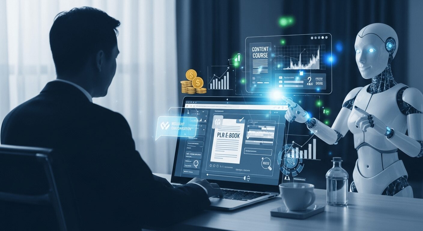 Empreendedor e Inteligência Artificial colaborando na tela de um laptop, editando um e-book PLR e otimizando produtos digitais para lucros