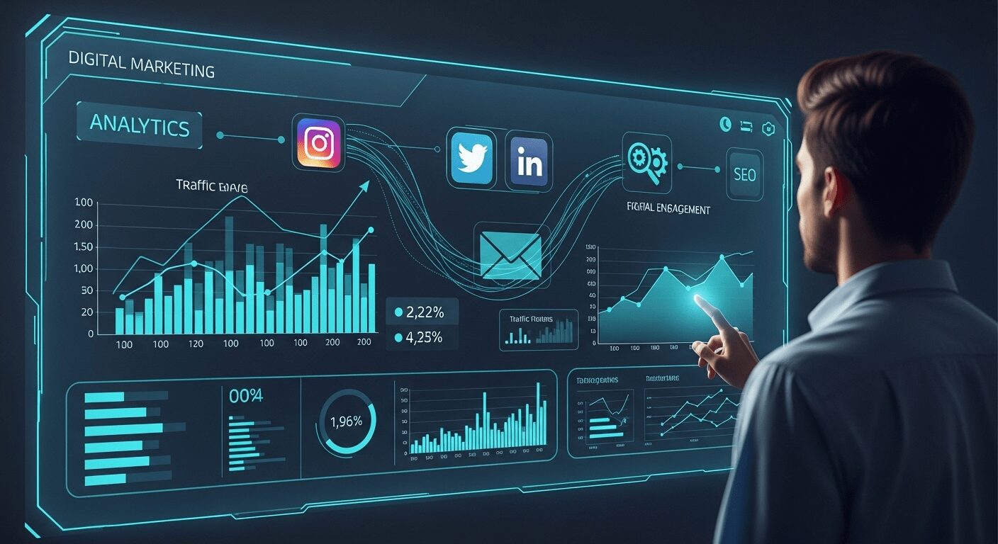 Painel de controle de marketing digital, mostrando estratégias para impulsionar negócios online do zero sem dinheiro e análises de desempenho