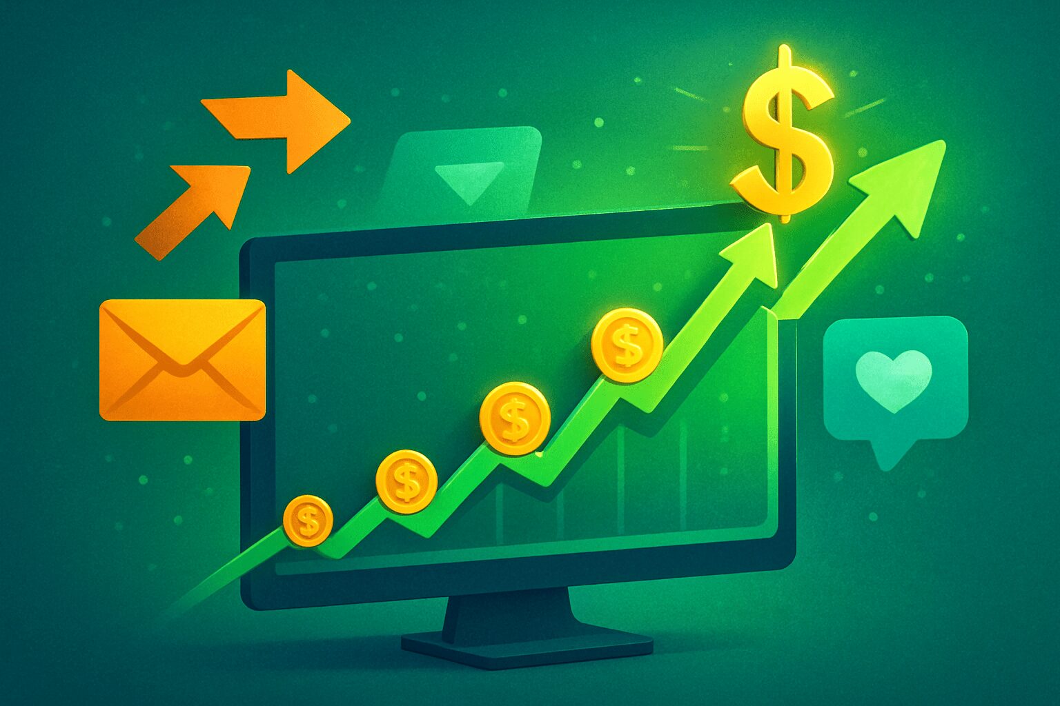 Gráfico de crescimento de vendas com ícones de lucro, ilustrando estratégias de marketing otimizadas para maximizar ganhos com produtos ocultos na Hotmart