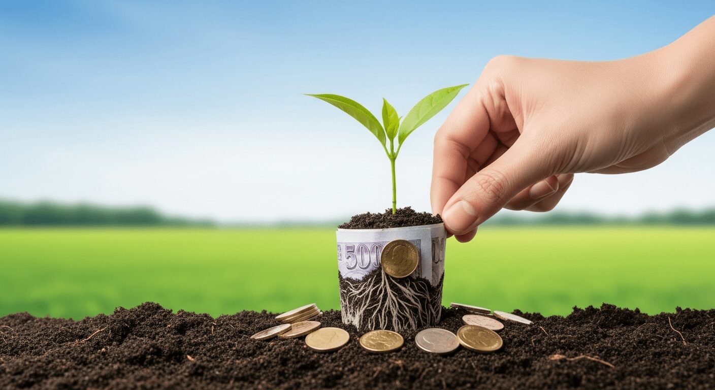 Mão planta muda com moedas, simbolizando investimentos seguros para proteger dinheiro na crise e garantir futuro