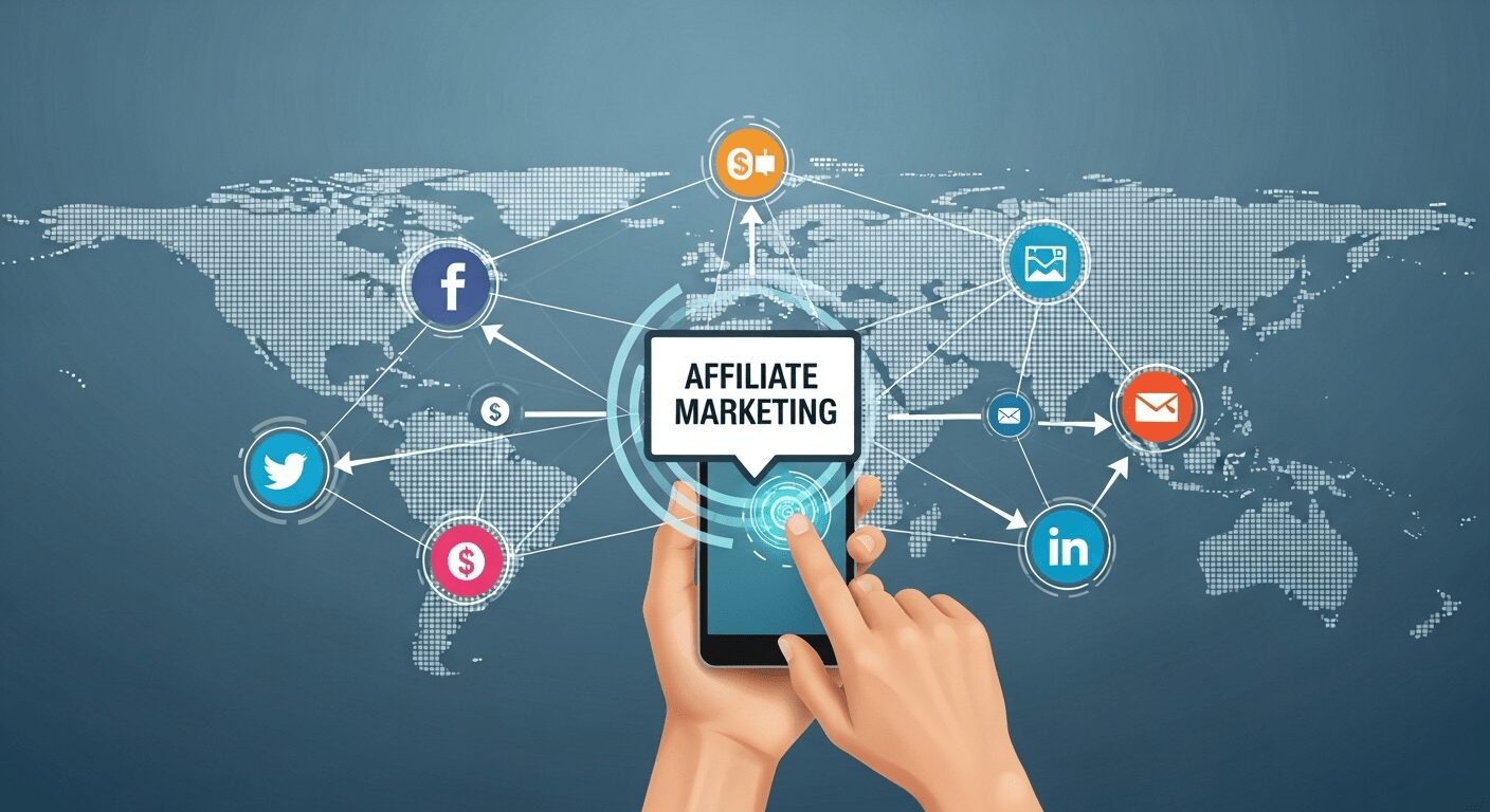 Representação digital do marketing de afiliados, com rede de conexões e fluxo de informações, mostrando como promover produtos e serviços online para gerar lucro