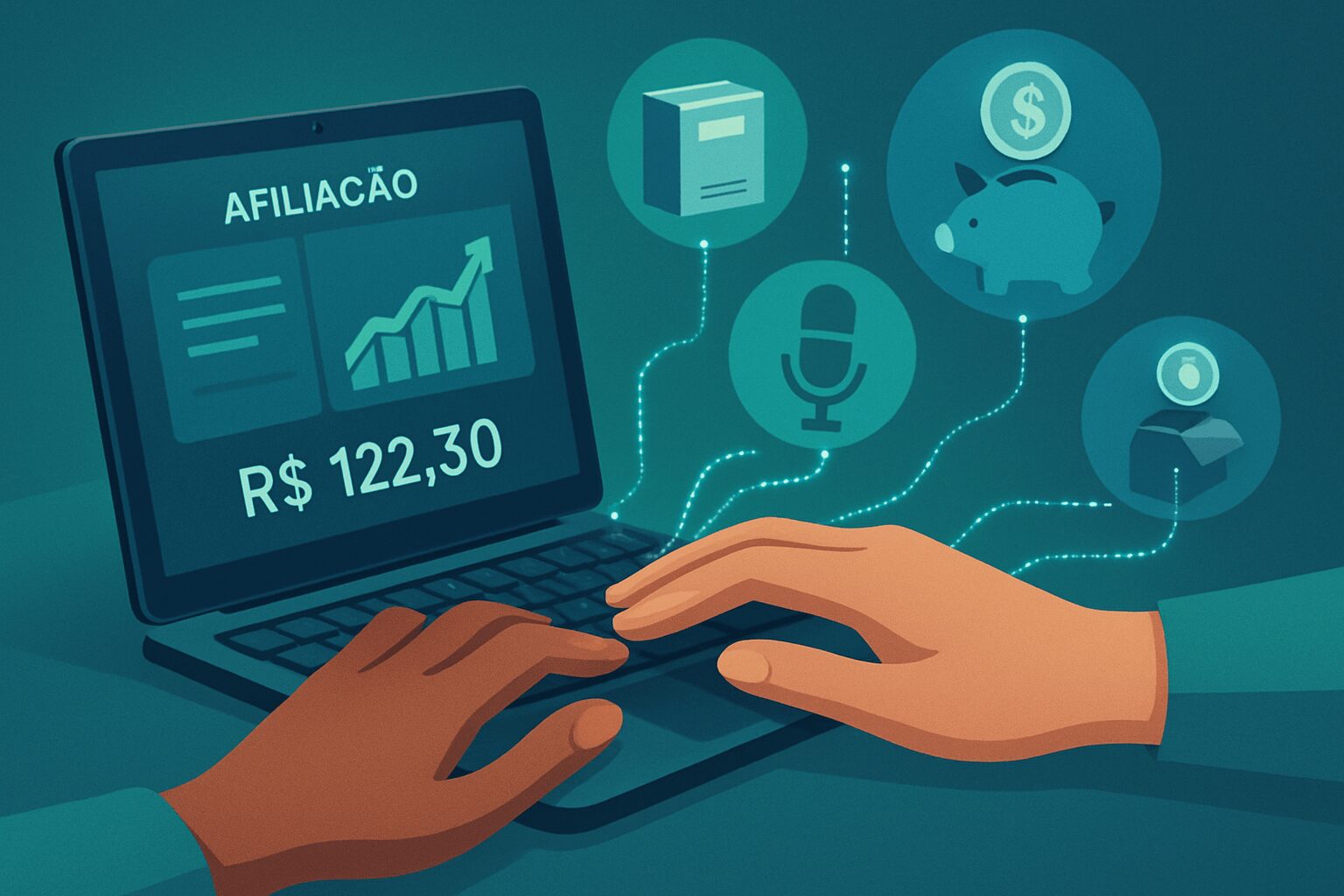 Marketing de Afiliados no Pinterest: mãos digitando no laptop com painel de ganhos, ilustrando como gerar renda e comissões sem investimento