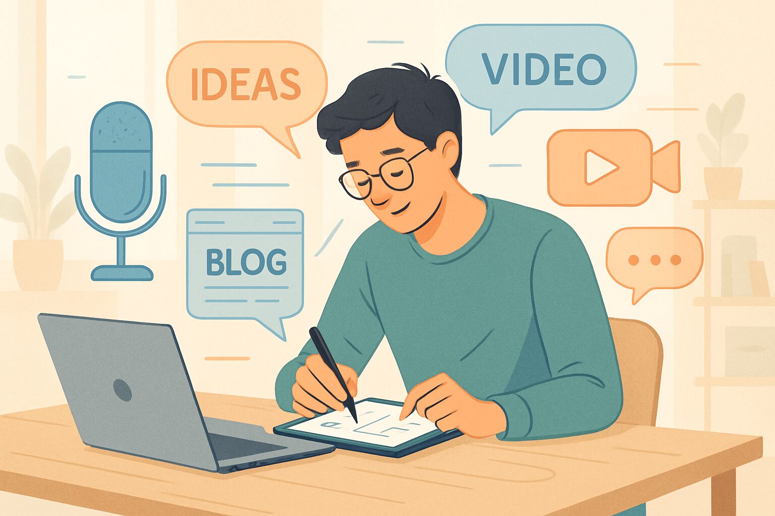 Criador de conteúdo desenvolvendo material diversificado (texto, vídeo, áudio) para estratégias de marketing de conteúdo eficazes em 2025, educando a audiência