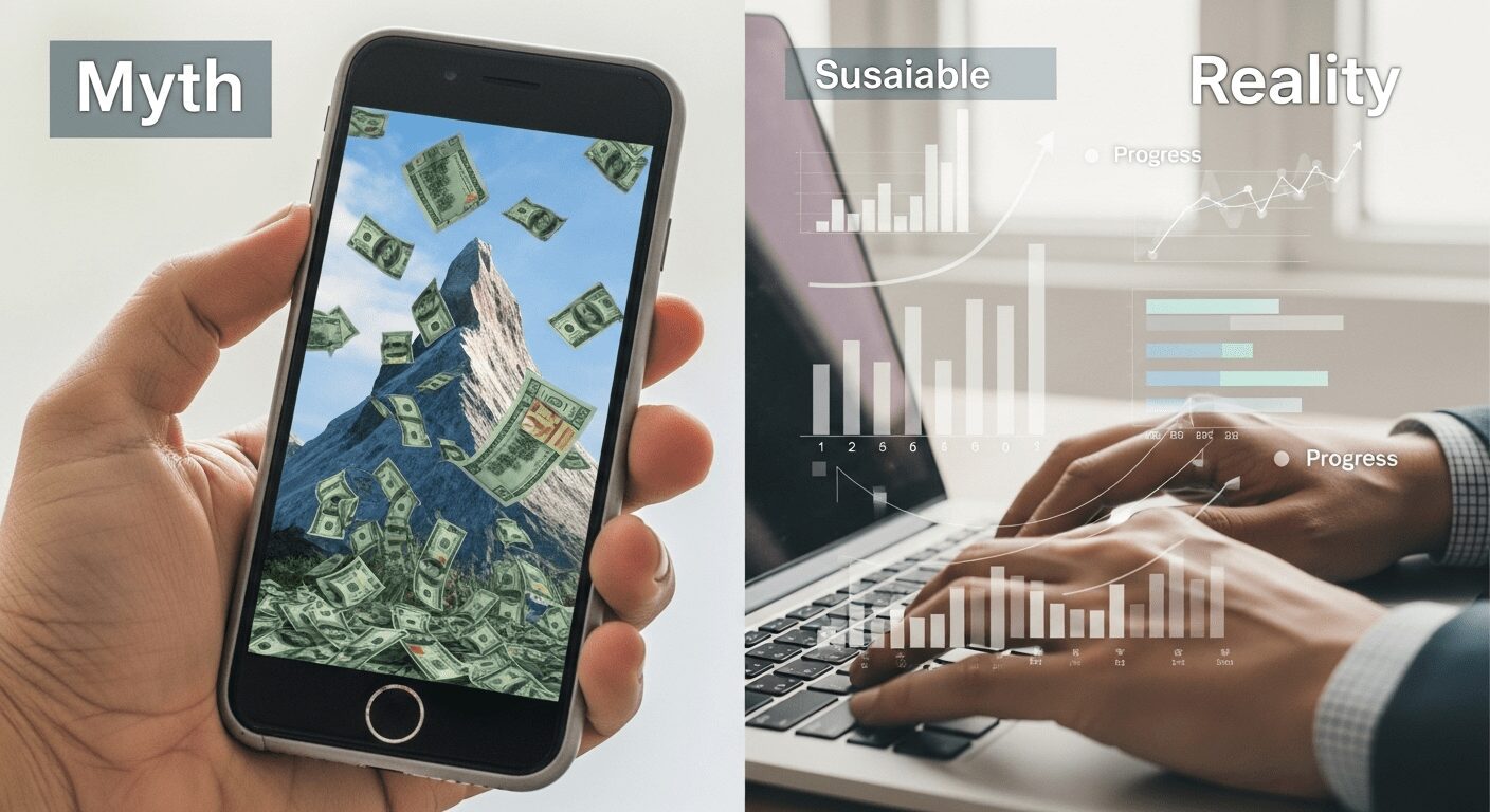 Contraste visual de marketing afiliados desvendando mitos e ganhos reais, mostrando a diferença entre a ilusão de dinheiro fácil e o esforço real por trás do sucesso