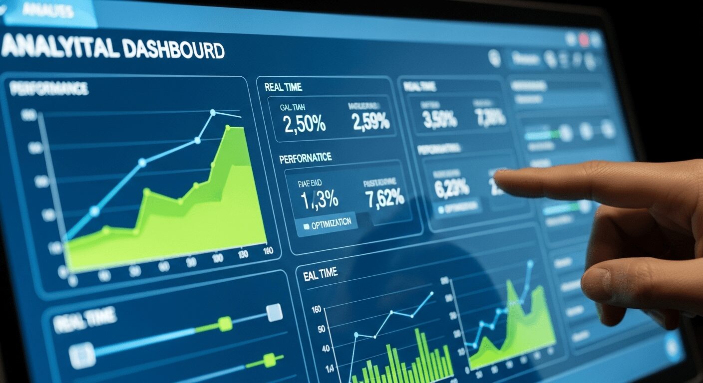 Dashboard de análise digital com gráficos e mão otimizando dados, simbolizando a melhoria contínua de um negócio online