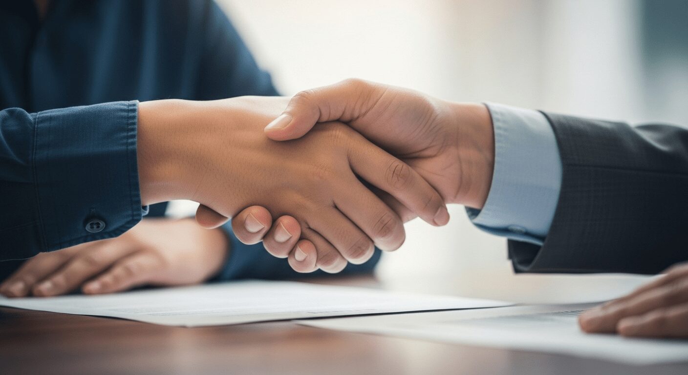 Mãos se apertando sobre documentos em mesa, simbolizando a negociação bem-sucedida com credores para como sair das dívidas rapidamente e buscar soluções financeiras
